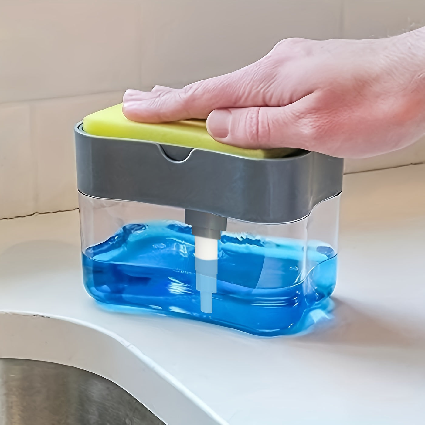 1pc Dish Soap pump Dispenser And Sponge Holder, Metallic Silvery For Kitchen Sink, No Sponge, 4.5in*2.5in*0.7in, 167.83g