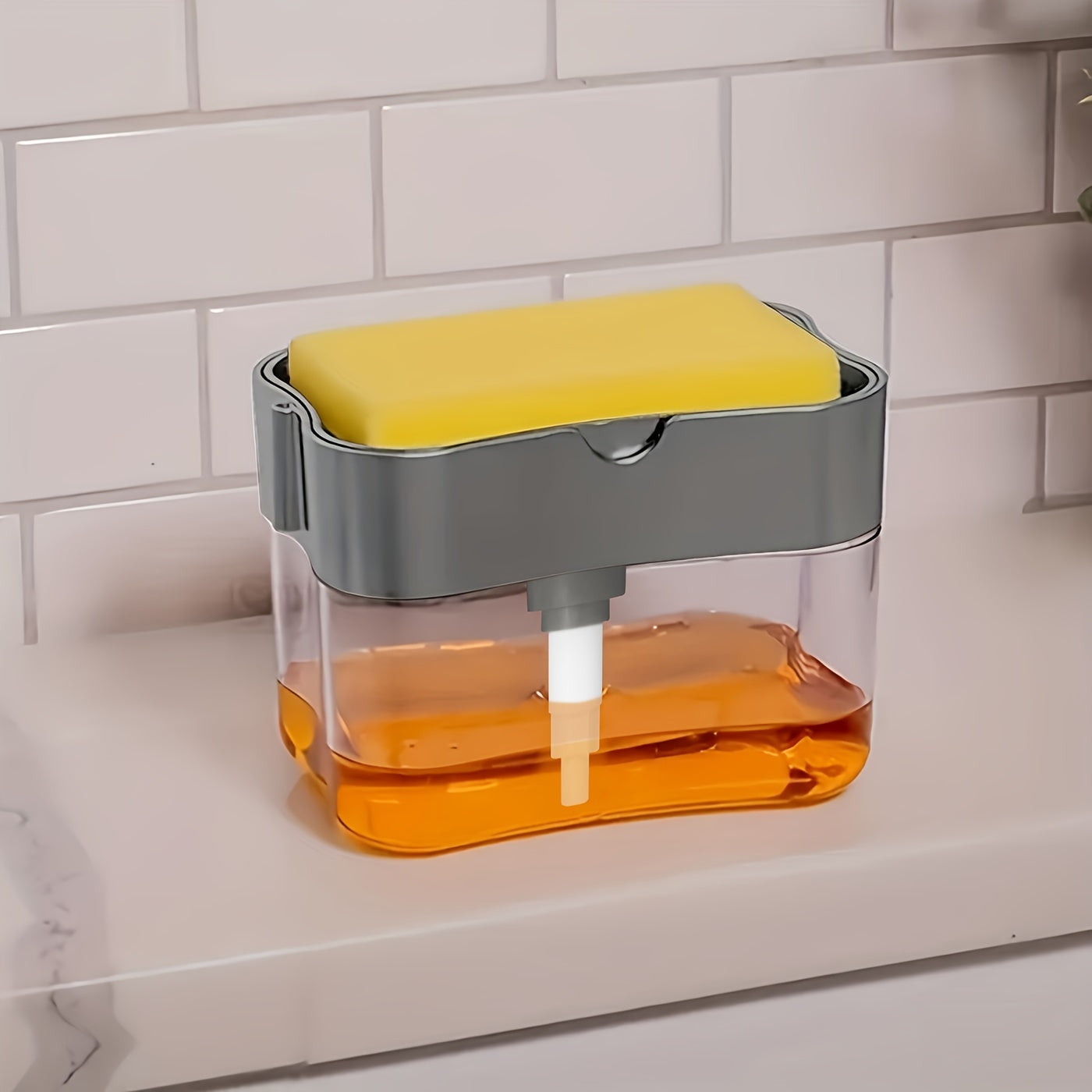 1pc Dish Soap pump Dispenser And Sponge Holder, Metallic Silvery For Kitchen Sink, No Sponge, 4.5in*2.5in*0.7in, 167.83g